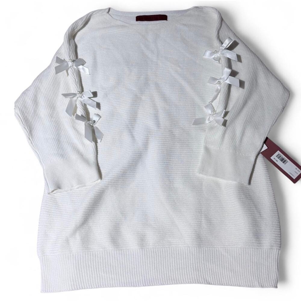 Love Scarlett Bow Sleeve Sweater Tunic – White Ribbed Knit Top (NWT, Size PL)